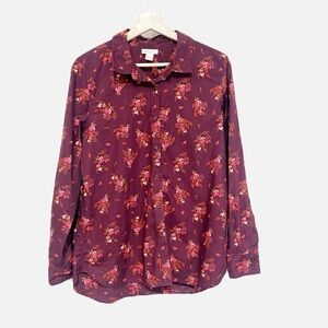 Garnet Hill Women's Burgundy Maroon Floral Button Down Shirt Long Sleeve Size 10